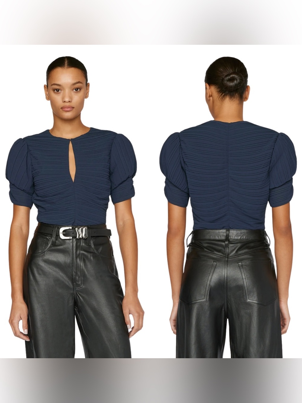 FRAME Pleated Ruched-Sleeve Keyhole Top Navy Blouse